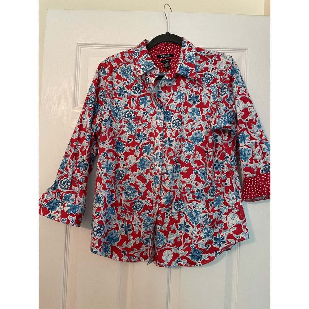 Chaps Blouse Top PL Blue Red White Floral 3/4 Sleeve Button No Iron Flip Cuff‎